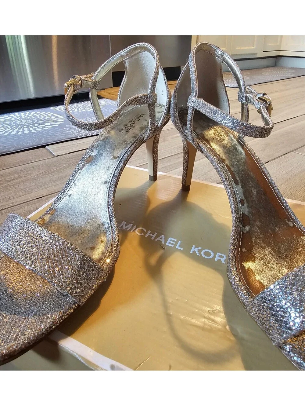 MICHAEL Michael Kors Glitter Heels Women’s 8M Gold Strappy Stiletto